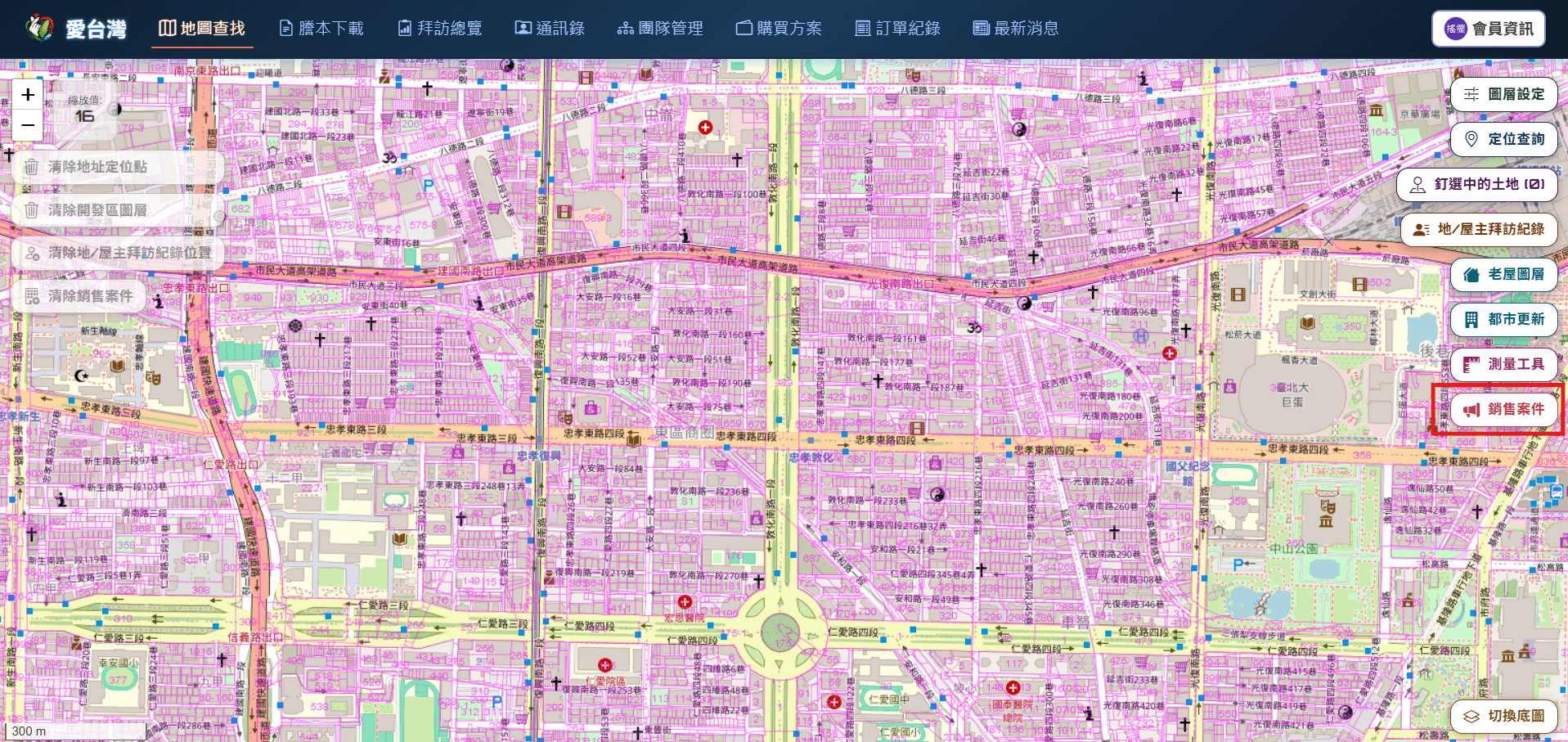 愛台灣地圖查找新增銷售案件按鈕，可查看房仲刊登物件與市場開價