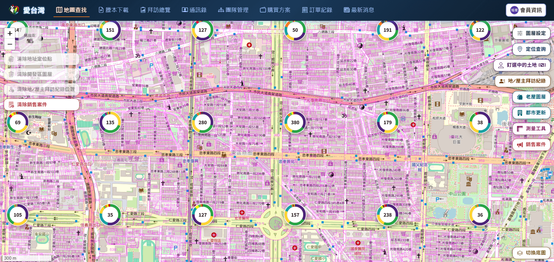 愛台灣銷售案件地圖以數量圓圈顯示區域房仲刊登分布