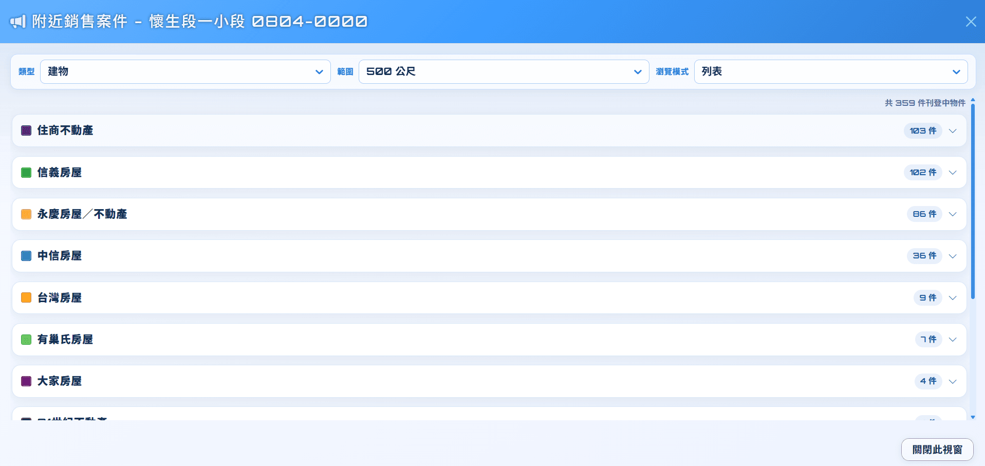愛台灣附近銷售案件列表模式，依房仲品牌與案件數量收合顯示